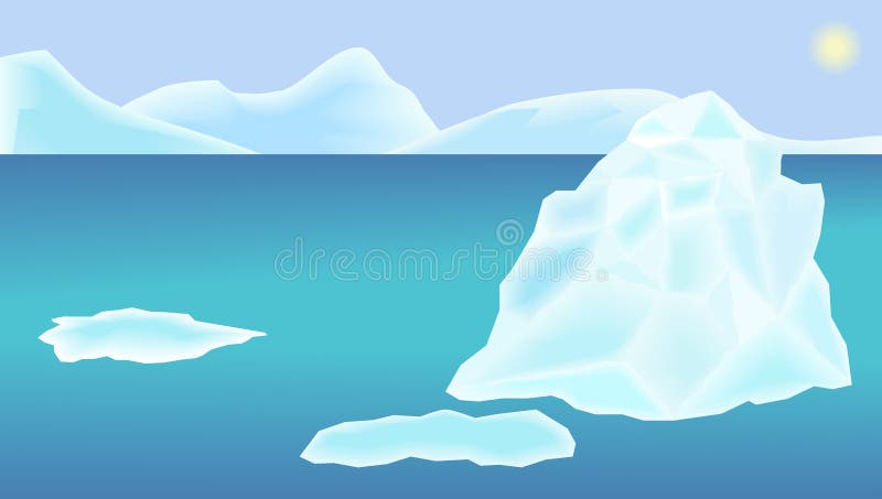 Ilustração de um oceano da paisagem, banquisas do iceberg e de gelo, céu e sol ilustração do vetor Ilustração de um oceano da paisagem, banquisas do iceberg e de gelo, céu e sol ilustração do vetor