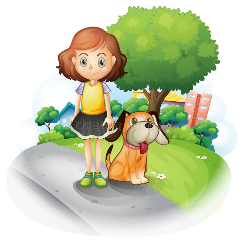 Uma rapariga com um cão ao longo da rua ilustração royalty free Uma rapariga com um cão ao longo da rua ilustração royalty free