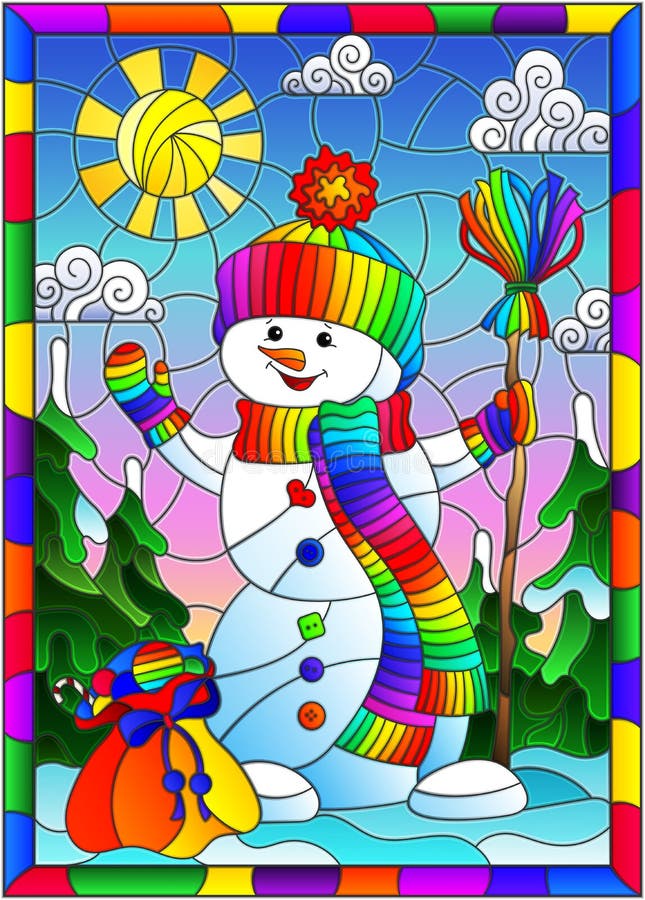Ilustração de vidro manchado sobre o tema das férias de inverno, um animador bonitão boneco de neve em um chapéu e cachecol, cont ilustração do vetor Ilustração de vidro manchado sobre o tema das férias de inverno, um animador bonitão boneco de neve em um chapéu e cachecol, cont ilustração do vetor