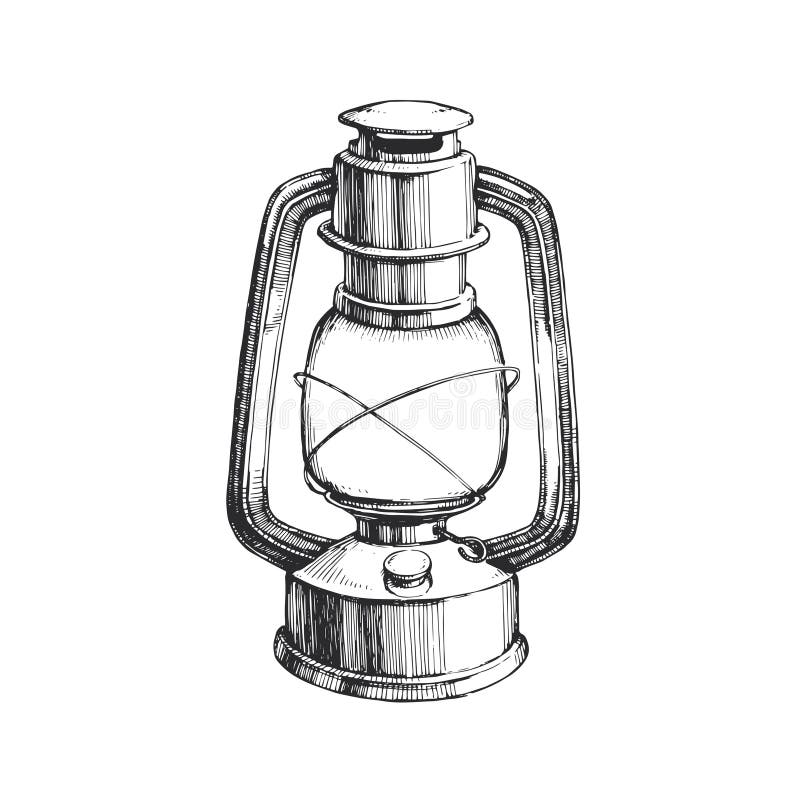 Ilustração desenhada por vetor da lâmpada de querosene. esboço preto e branco da lanterna vintage. iluminação de acampamento. ilustração stock