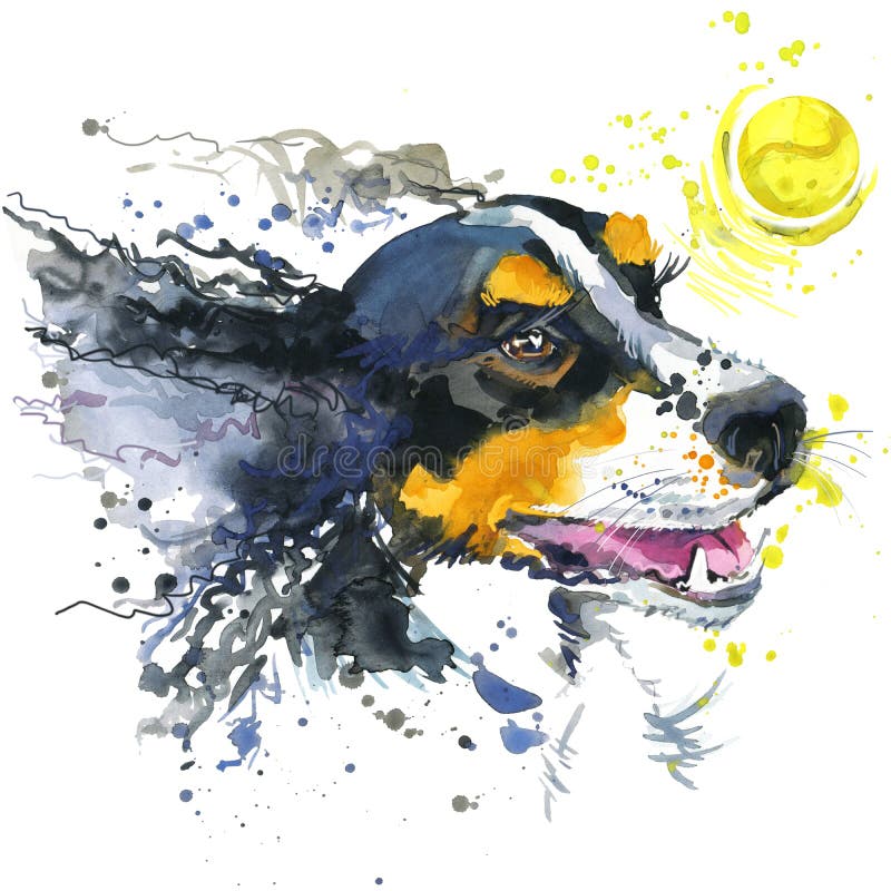 Ilustração de um cão e uma bola com fundo texturizado em aguarela e efeito de salpicos ilustração do vetor