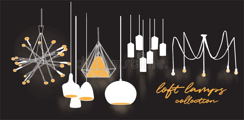 Ilustração do design de interiores do vetor grupo de lâmpadas do sótão lâmpadas do ceilinf lâmpadas de pendente do industrialtyle
