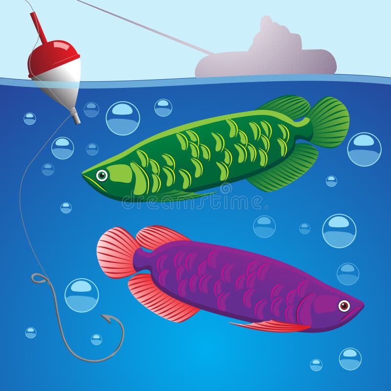 Ilustração do gancho subaquático de dois peixes com linha de pesca e do flutuador acima da silhueta da água de um barco e de um p ilustração do vetor Ilustração do gancho subaquático de dois peixes com linha de pesca e do flutuador acima da silhueta da água de um barco e de um p ilustração do vetor