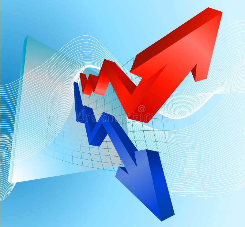 Illustration of profit and loss graph with red and blue arrows. Illustration of profit and loss graph with red and blue arrows