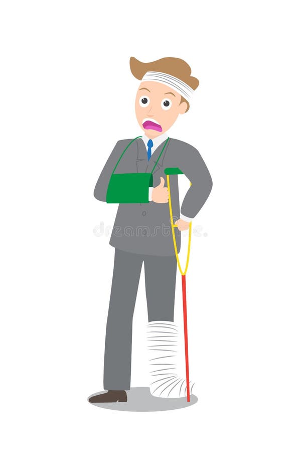A ilustração do olhar severo feriu o homem de negócios nas ataduras com desenhos animados das muletas ilustração stock A ilustração do olhar severo feriu o homem de negócios nas ataduras com desenhos animados das muletas ilustração stock