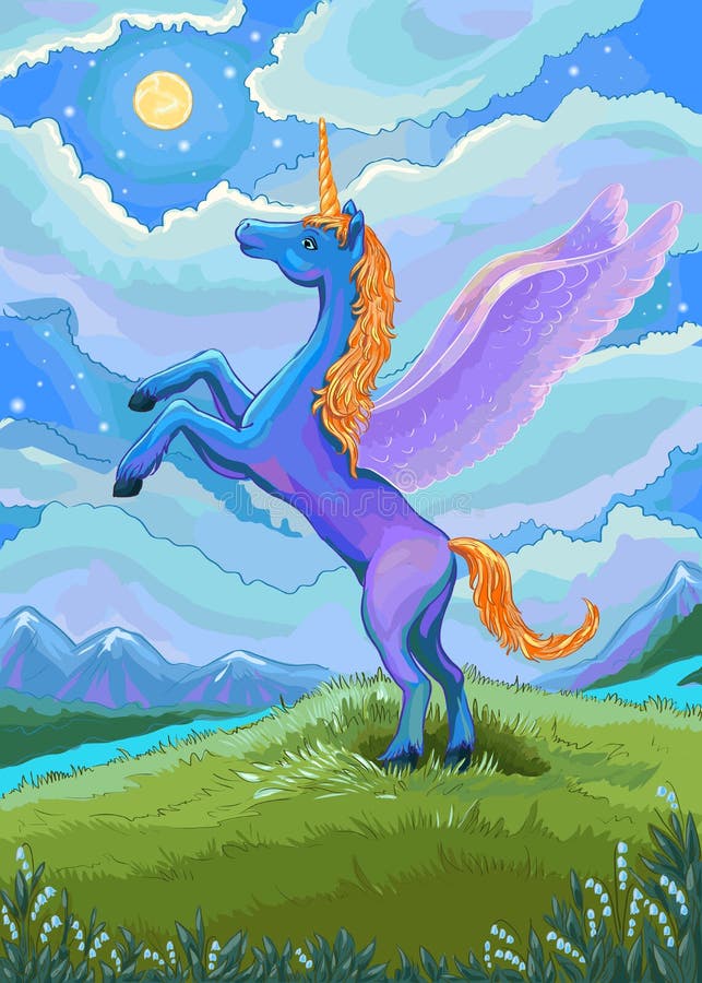 Ilustração do unicórnio Unicórnio azul na noite do landscap ilustração royalty free Ilustração do unicórnio Unicórnio azul na noite do landscap ilustração royalty free