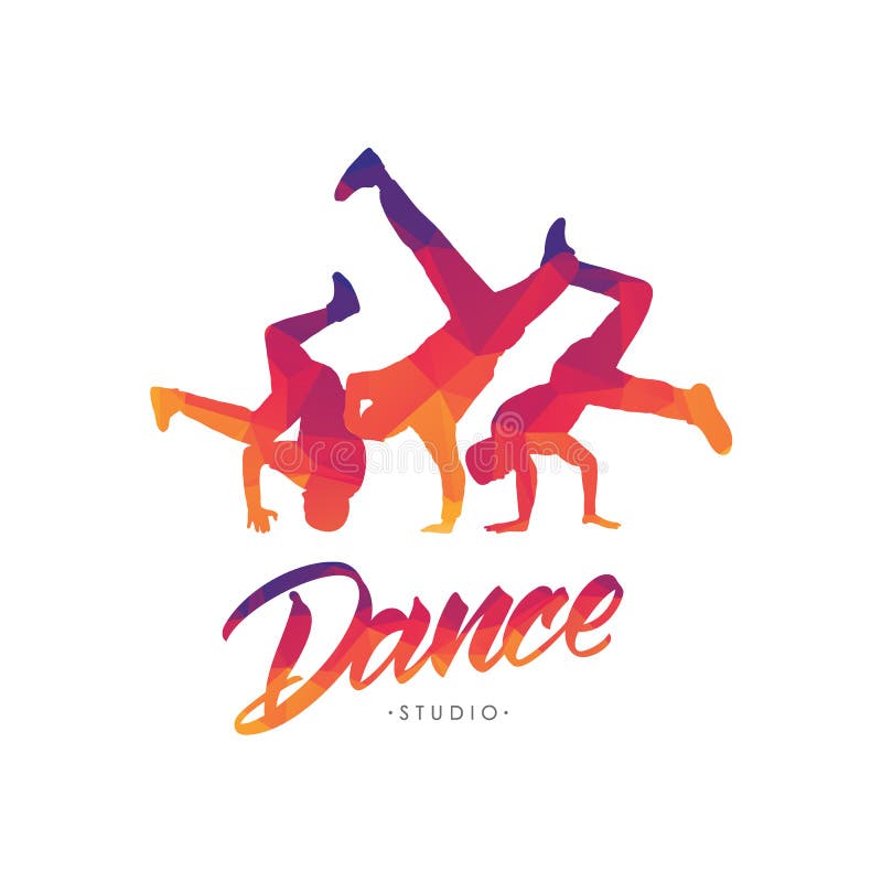 Ilustração do vetor: Colora o molde do emblema para o estúdio da dança com rotulação da mão e silhuetas de dançarinos da ruptura ilustração stock Ilustração do vetor: Colora o molde do emblema para o estúdio da dança com rotulação da mão e silhuetas de dançarinos da ruptura ilustração stock