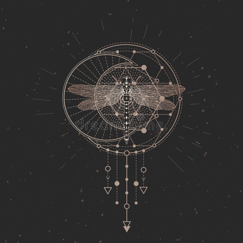 Ilustração do vetor com a libélula tirada mão e símbolo geométrico sagrado no fundo preto do vintage Sinal místico abstrato ouro ilustração do vetor Ilustração do vetor com a libélula tirada mão e símbolo geométrico sagrado no fundo preto do vintage Sinal místico abstrato ouro ilustração do vetor