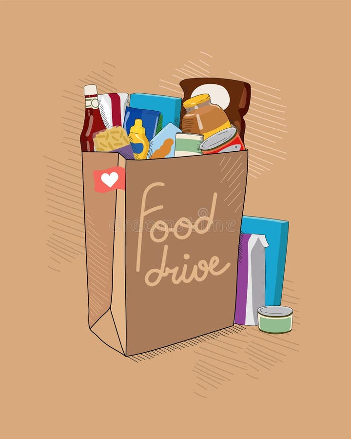 Ilustração do vetor da caridade da movimentação do alimento com o saco de papel marrom com tittle e pacotes do alimento não perec ilustração do vetor Ilustração do vetor da caridade da movimentação do alimento com o saco de papel marrom com tittle e pacotes do alimento não perec ilustração do vetor