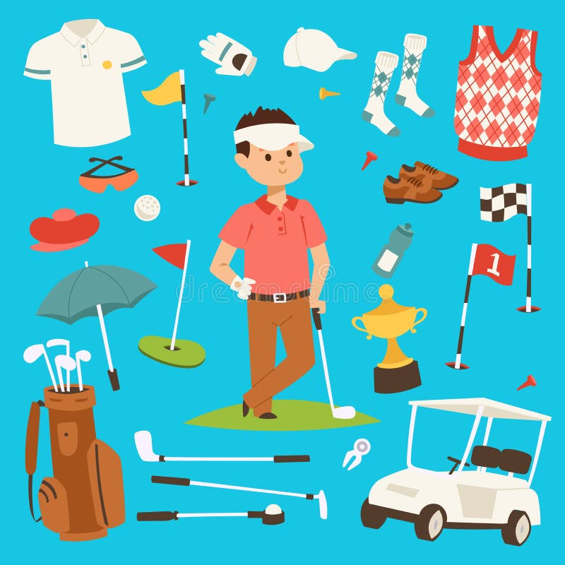 Ilustração do vetor da roupa e dos acessórios do jogador de golfe Jogador masculino Golfing do jogo exterior do clube Esporte dif ilustração do vetor Ilustração do vetor da roupa e dos acessórios do jogador de golfe Jogador masculino Golfing do jogo exterior do clube Esporte dif ilustração do vetor