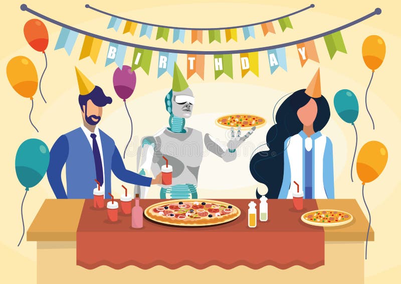 Ilustração do vetor de Holding Pizza Flat do cozinheiro do robô ilustração stock Ilustração do vetor de Holding Pizza Flat do cozinheiro do robô ilustração stock