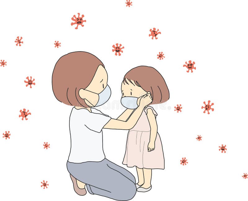 Ilustração do vetor de impressão da mãe familiar e da criança usando máscara facial durante o surto do vírus corona covid19. prote