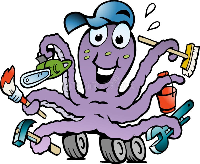 Hand-drawn Vector illustration of an Happy Busy Octopus Handyman. Hand-drawn Vector illustration of an Happy Busy Octopus Handyman