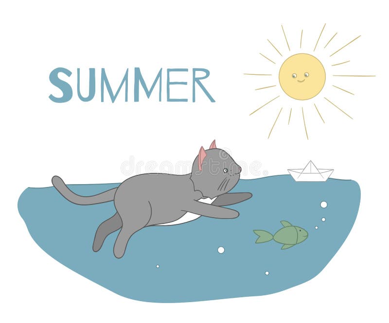 Ilustração do vetor de uma natação do gato na água com uns peixes e um navio de papel sob o sol ilustração stock Ilustração do vetor de uma natação do gato na água com uns peixes e um navio de papel sob o sol ilustração stock
