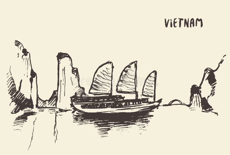 Ilustração do vetor de Vietname da baía de Halong do esboço ilustração stock Ilustração do vetor de Vietname da baía de Halong do esboço ilustração stock