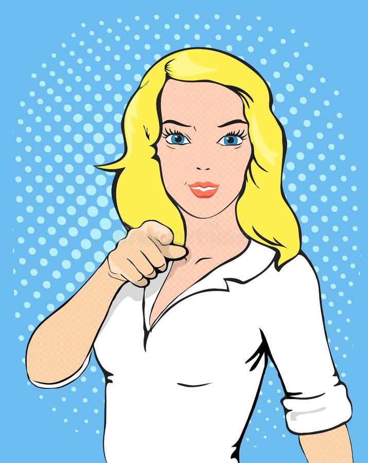 Ilustração do vetor do pop art do dedo do ponto da mulher ilustração royalty free Ilustração do vetor do pop art do dedo do ponto da mulher ilustração royalty free