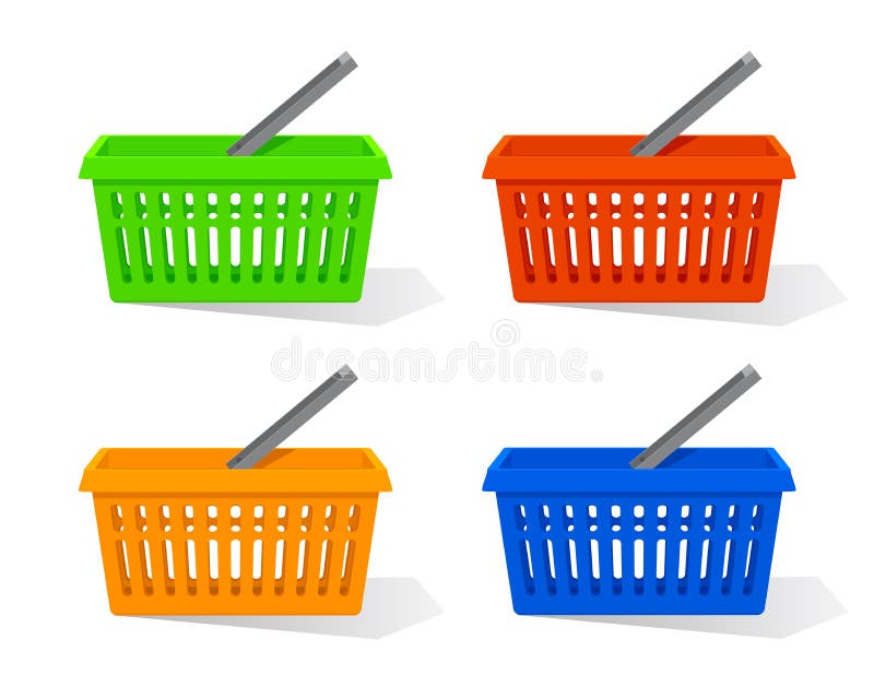 Ilustração do vetor Grupo de cesto de compras plástico vazio vermelho, azul, alaranjado e verde com punho ilustração stock Ilustração do vetor Grupo de cesto de compras plástico vazio vermelho, azul, alaranjado e verde com punho ilustração stock