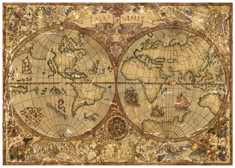 Ilustração do vintage com o mapa do atlas de mundo no pergaminho textured velho ilustração stock Ilustração do vintage com o mapa do atlas de mundo no pergaminho textured velho ilustração stock