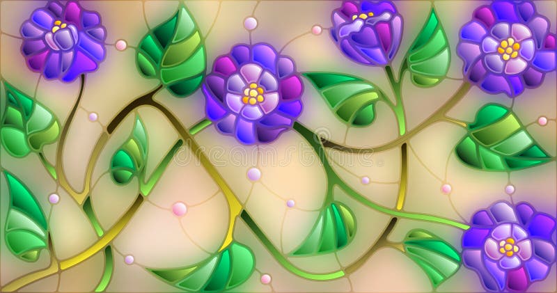 Ilustração do vitral com as flores azuis abstratas em um fundo bege ilustração stock Ilustração do vitral com as flores azuis abstratas em um fundo bege ilustração stock
