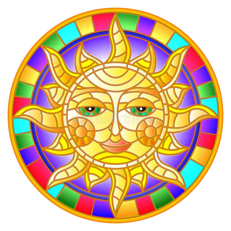 Ilustração do vitral com o sol abstrato no quadro brilhante, imagem redonda ilustração royalty free Ilustração do vitral com o sol abstrato no quadro brilhante, imagem redonda ilustração royalty free