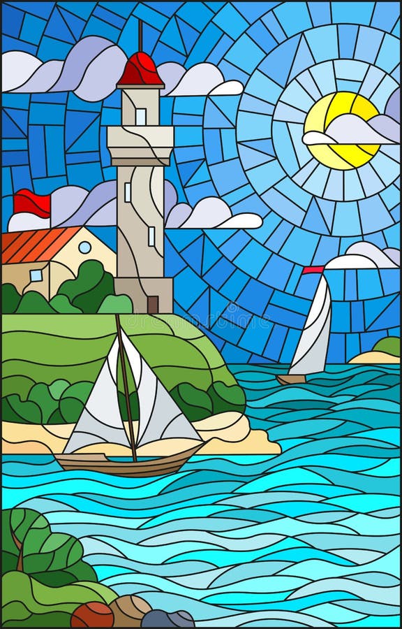 A ilustração do vitral com opinião do mar, três navios e uma costa com um farol no fundo do dia nublam-se o sol e o mar do céu ilustração royalty free A ilustração do vitral com opinião do mar, três navios e uma costa com um farol no fundo do dia nublam-se o sol e o mar do céu ilustração royalty free