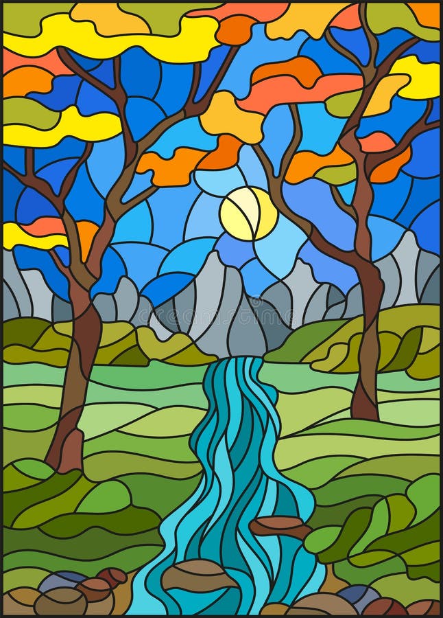 Illustration in stained glass style with a rocky Creek in the background of the Sunny sky, mountains, trees and fields,autumn landscape. Illustration in stained glass style with a rocky Creek in the background of the Sunny sky, mountains, trees and fields,autumn landscape