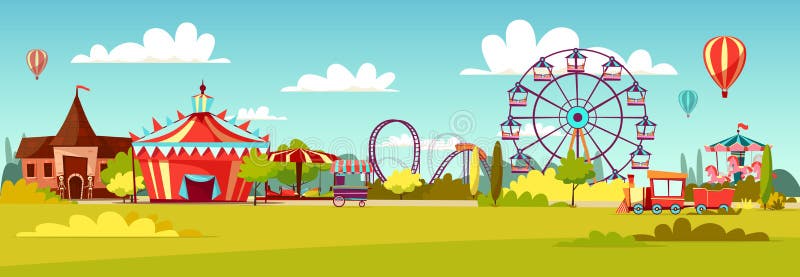 Amusement park vector illustration of cartoon attraction rides and circus tent. Flat background design of merry-go-round horseabout carousel, observation wheel or roller coaster amusement rides. Amusement park vector illustration of cartoon attraction rides and circus tent. Flat background design of merry-go-round horseabout carousel, observation wheel or roller coaster amusement rides