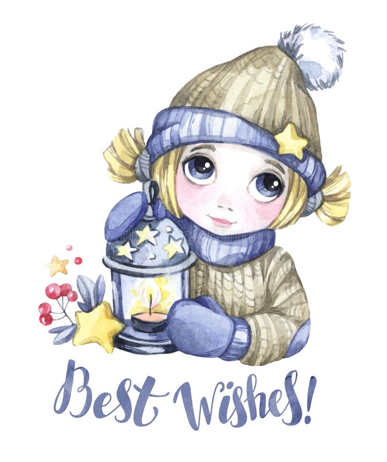 Ilustração dos feriados de inverno Menina bonito da aquarela com lâmpada do Natal, estrelas Convite do ano novo Palavras cumprime ilustração do vetor Ilustração dos feriados de inverno Menina bonito da aquarela com lâmpada do Natal, estrelas Convite do ano novo Palavras cumprime ilustração do vetor
