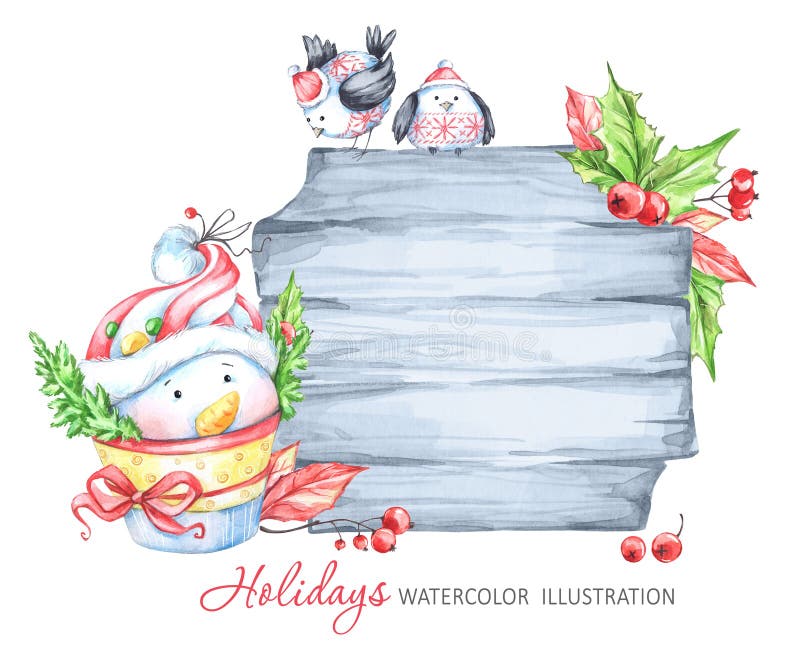 Ilustração dos feriados de inverno Quadro de madeira da aquarela com boneco de neve e pássaros ilustração stock Ilustração dos feriados de inverno Quadro de madeira da aquarela com boneco de neve e pássaros ilustração stock