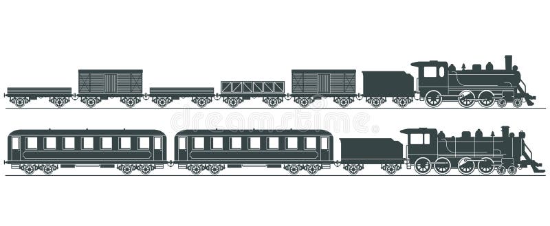 Black and white steam engines with cars and carriages illustration. Black and white steam engines with cars and carriages illustration.