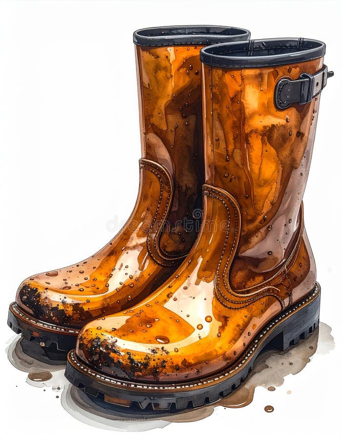 Ilustração em aguarela de botas de borracha castanhas âmbar com design de fivela ilustração royalty free