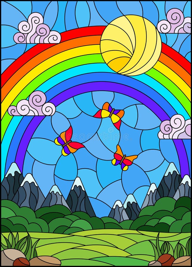 Illustration in stained glass style with landscape, meadows against a Sunny sky and a rainbow. Illustration in stained glass style with landscape, meadows against a Sunny sky and a rainbow