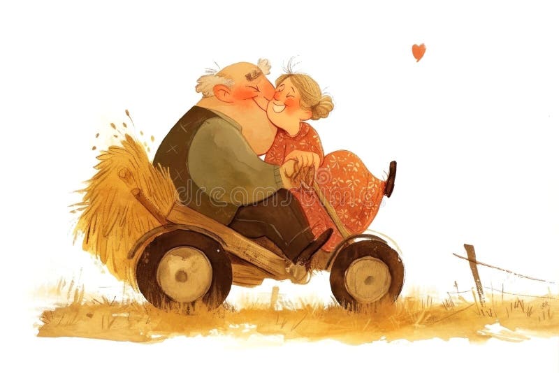 Charming illustration of an elderly couple sharing a tender moment on a vintage tractor, surrounded by nature's beauty. Generated AI. Charming illustration of an elderly couple sharing a tender moment on a vintage tractor, surrounded by nature's beauty. Generated AI