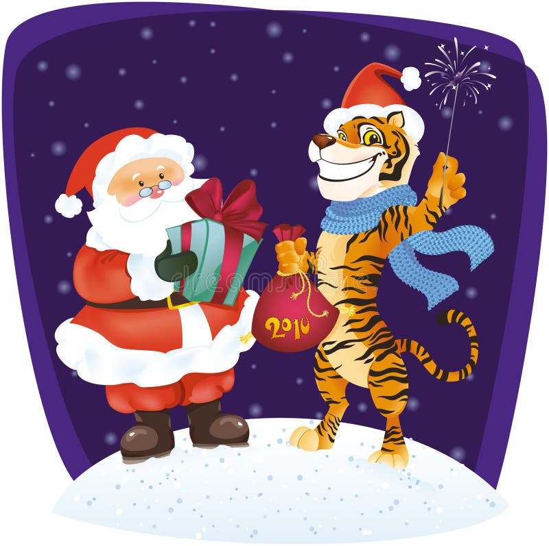 Ilustração engraçada de Santa e de tigre ilustração stock Ilustração engraçada de Santa e de tigre ilustração stock