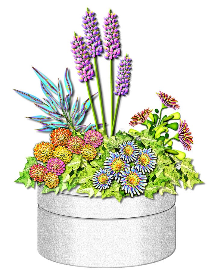 An outdoor planter filled with festive spring blooms. An outdoor planter filled with festive spring blooms