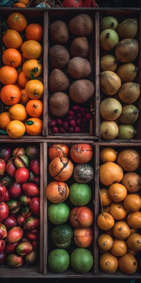 Ilustração gerada pelo ai de uma variedade de frutas em caixas de madeira ilustração do vetor