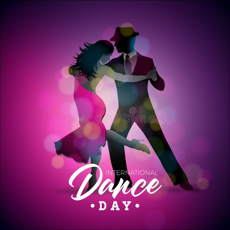 Ilustração internacional do vetor do dia da dança com pares da dança do tango no fundo roxo Molde do projeto para a bandeira ilustração stock Ilustração internacional do vetor do dia da dança com pares da dança do tango no fundo roxo Molde do projeto para a bandeira ilustração stock