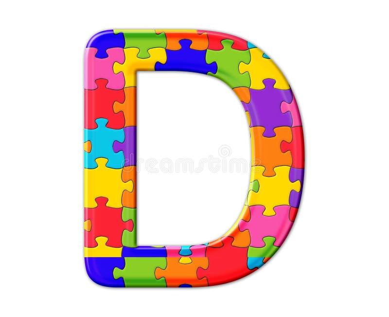 Ilustração isolada da letra d, constituída por peças de quebra-cabeças coloridas sobre fundo branco