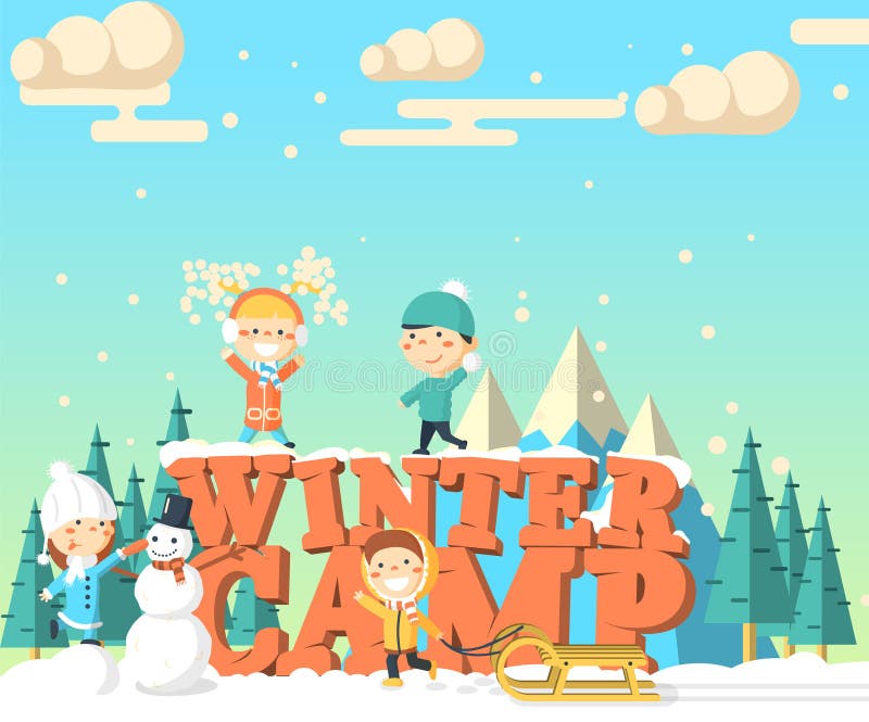 Winter camp isometric illustration with snowman, kids, nature and letters. Winter camp isometric illustration with snowman, kids, nature and letters.