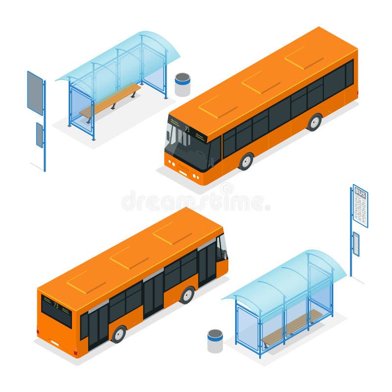 Ilustração isométrica do vetor 3d liso de um ônibus e de uma parada do ônibus Transporte público