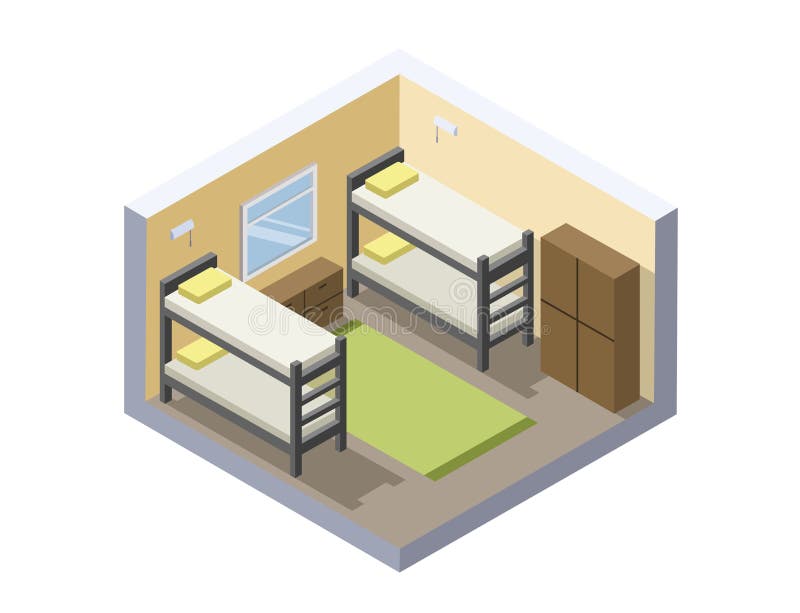 Ilustração isométrica do vetor da sala da pensão ícone barato do hotel ilustração stock Ilustração isométrica do vetor da sala da pensão ícone barato do hotel ilustração stock