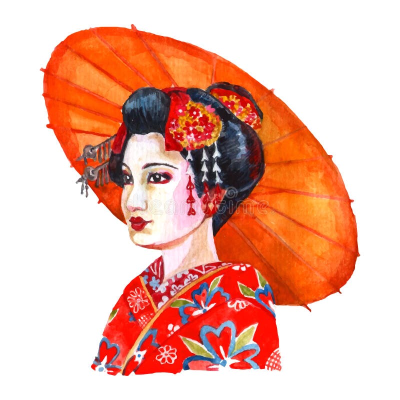 Ilustração Japonesa Da Aquarela Do Retrato Da Mulher Ilustração Do