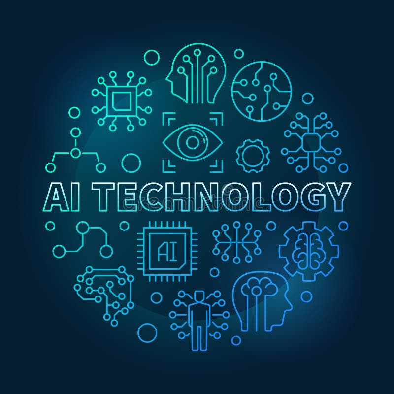 Ilustração linear do vetor azul do círculo da tecnologia do AI ilustração stock Ilustração linear do vetor azul do círculo da tecnologia do AI ilustração stock