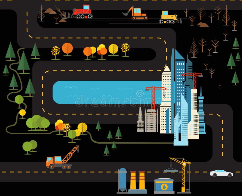 Ilustração lisa do projeto da cidade moderna ilustração royalty free