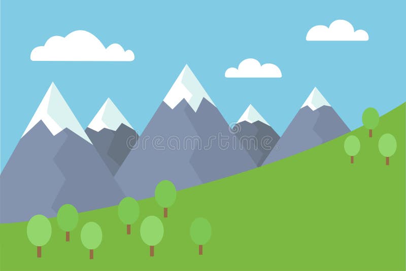 Ilustração lisa do vetor colorido dos desenhos animados da paisagem da montanha com picos cobertos de neve com árvores e prado so ilustração royalty free Ilustração lisa do vetor colorido dos desenhos animados da paisagem da montanha com picos cobertos de neve com árvores e prado so ilustração royalty free
