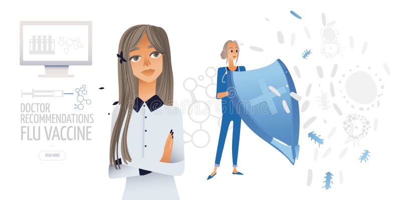 Ilustração lisa isolada vetor - as jovens mulheres mãe e doutor com um protetor pensam sobre a vacina para sua criança ilustração stock Ilustração lisa isolada vetor - as jovens mulheres mãe e doutor com um protetor pensam sobre a vacina para sua criança ilustração stock
