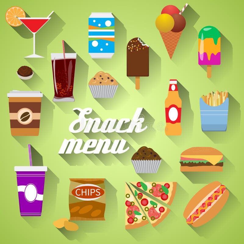 Ilustração moderna do vetor do projeto liso do menu do petisco do alimento, bebida, café, Hamburger, pizza, cerveja, cocktail, fa