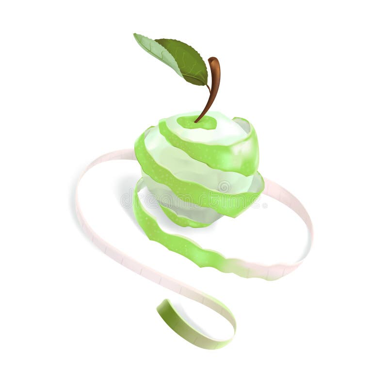 A ilustração mostra uma maçã verde, que seja cortada em uma espiral