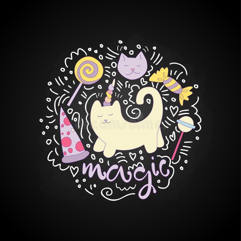 Ilustração mágica do divertimento dos desenhos animados do vetor do gato entre linhas e pirulitos curvados, doces, pizza Gato do ilustração do vetor Ilustração mágica do divertimento dos desenhos animados do vetor do gato entre linhas e pirulitos curvados, doces, pizza Gato do ilustração do vetor
