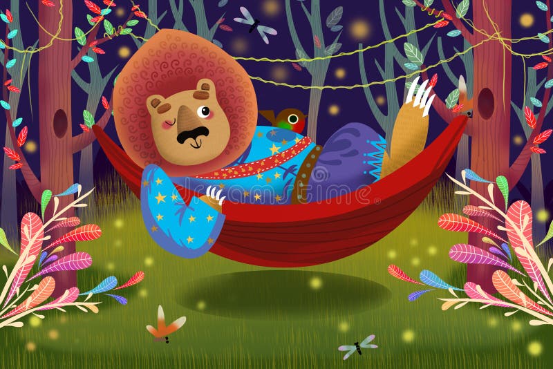 Ilustração para crianças: Lion King está encontrando-se em uma rede na floresta ilustração do vetor Ilustração para crianças: Lion King está encontrando-se em uma rede na floresta ilustração do vetor